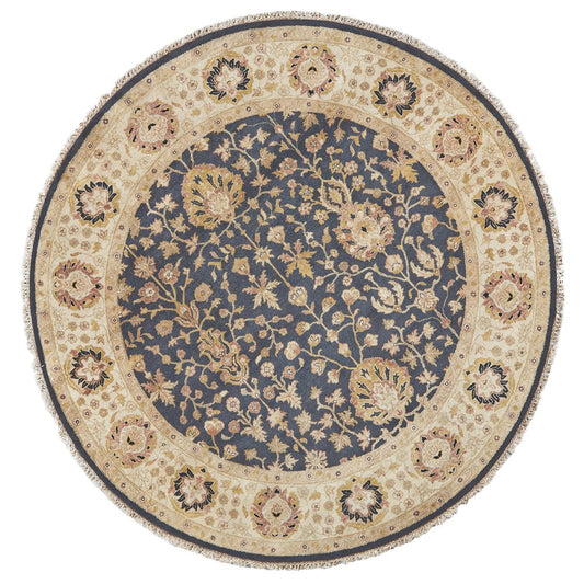 8' Black Brown and Gold Wool Oriental Hand Knotted Round Rug