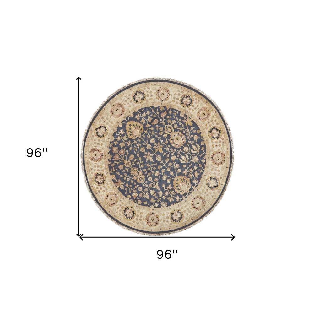 8' Black Brown and Gold Wool Oriental Hand Knotted Round Rug