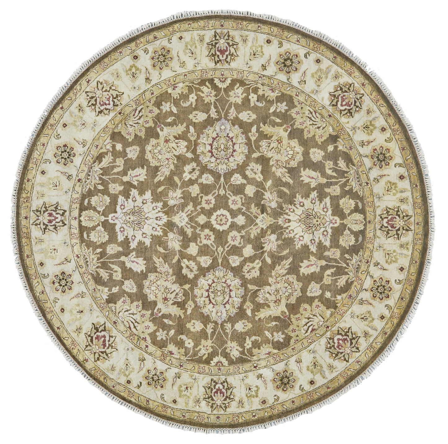 8' Brown Gold and Tan Wool Oriental Hand Knotted Round Rug