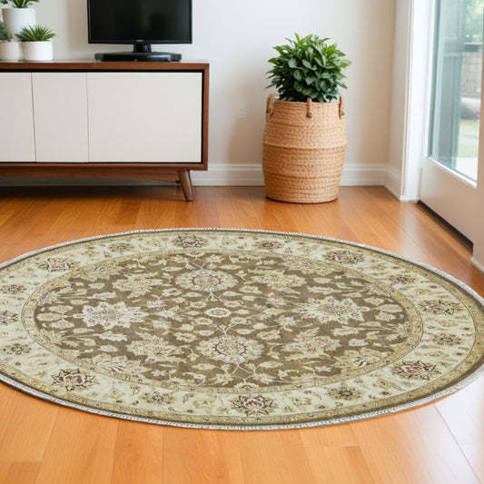 8' Brown Gold and Tan Wool Oriental Hand Knotted Round Rug