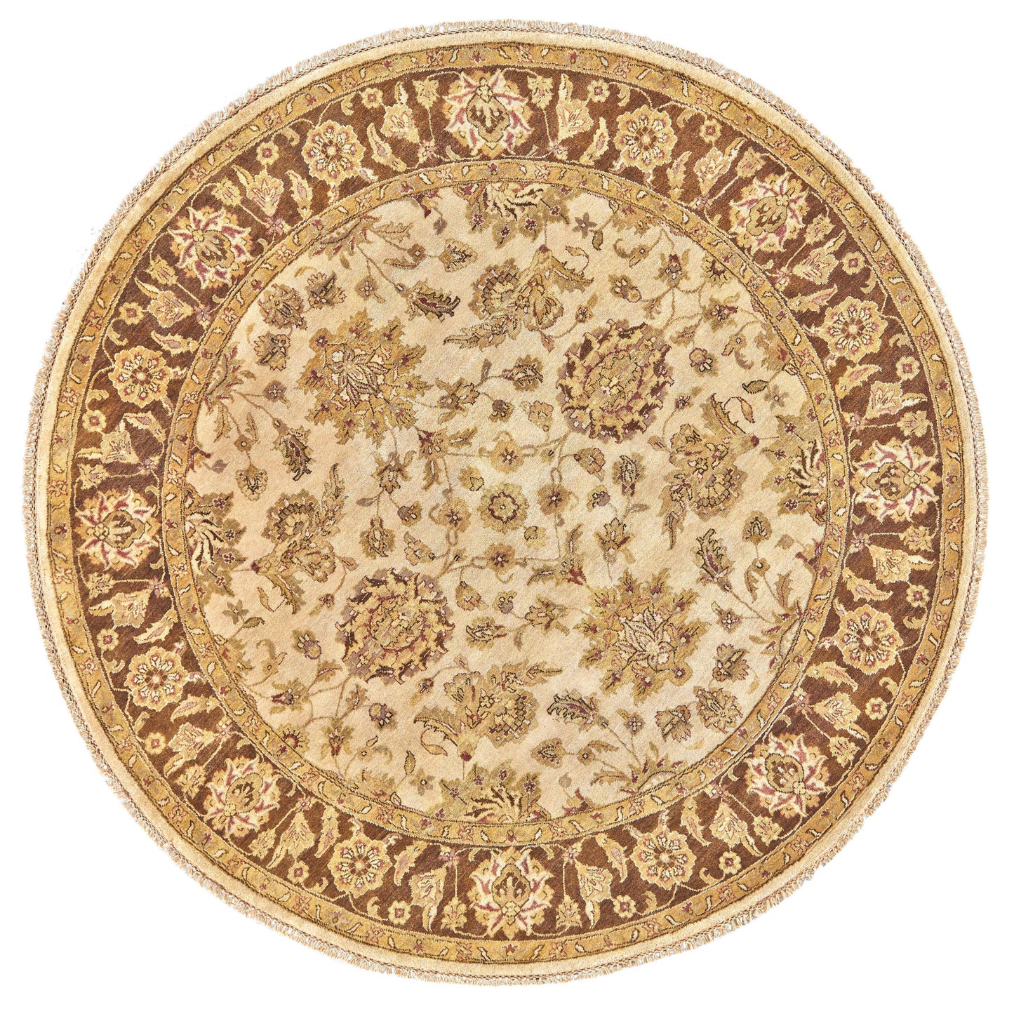 8' Brown Gold and Tan Wool Oriental Hand Knotted Round Rug