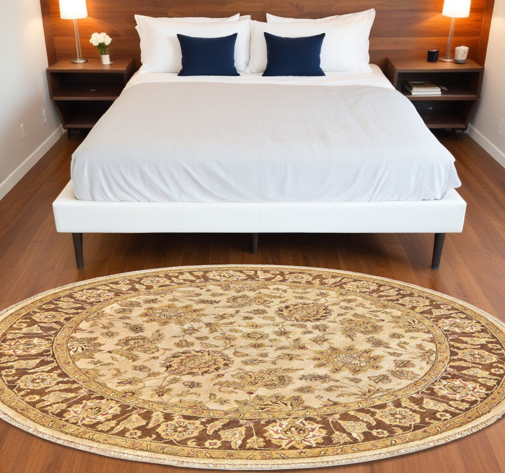 8' Brown Gold and Tan Wool Oriental Hand Knotted Round Rug
