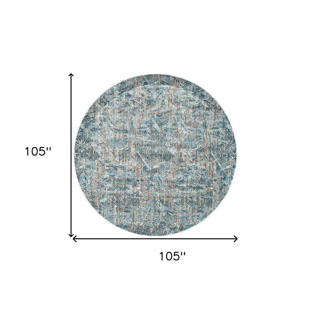 9' Blue Taupe and Ivory Abstract Power Loom Worn Faded Round Rug