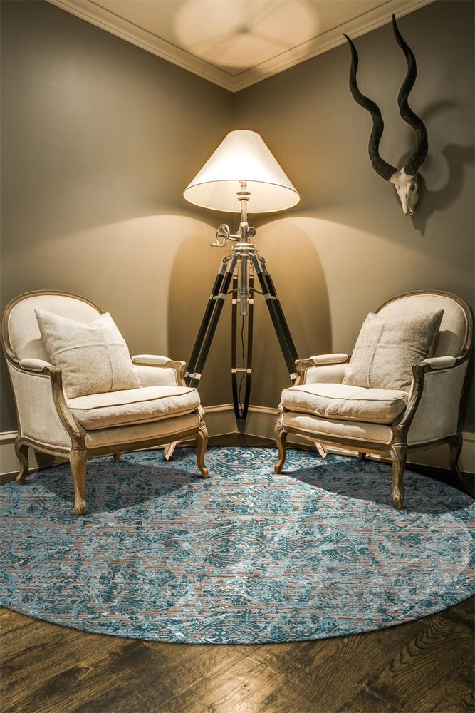 9' Blue Taupe and Ivory Abstract Power Loom Worn Faded Round Rug