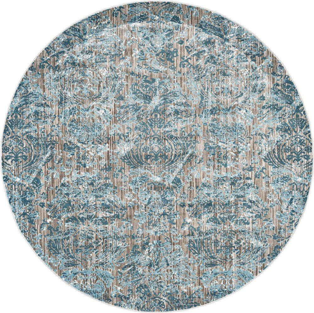 9' Blue Taupe and Ivory Abstract Power Loom Worn Faded Round Rug