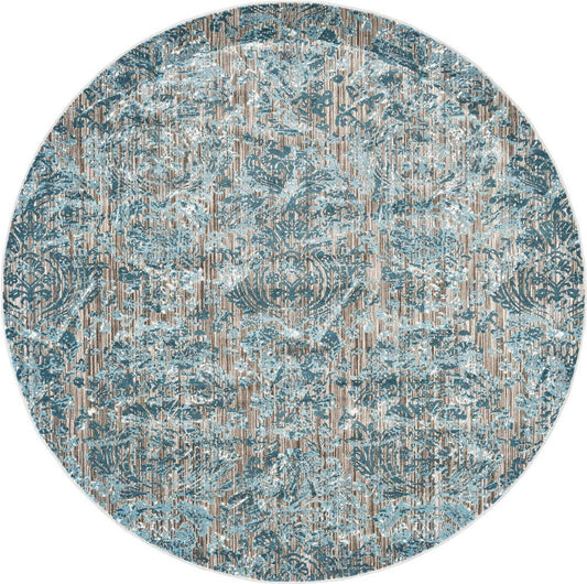 9' Blue Taupe and Ivory Abstract Power Loom Worn Faded Round Rug