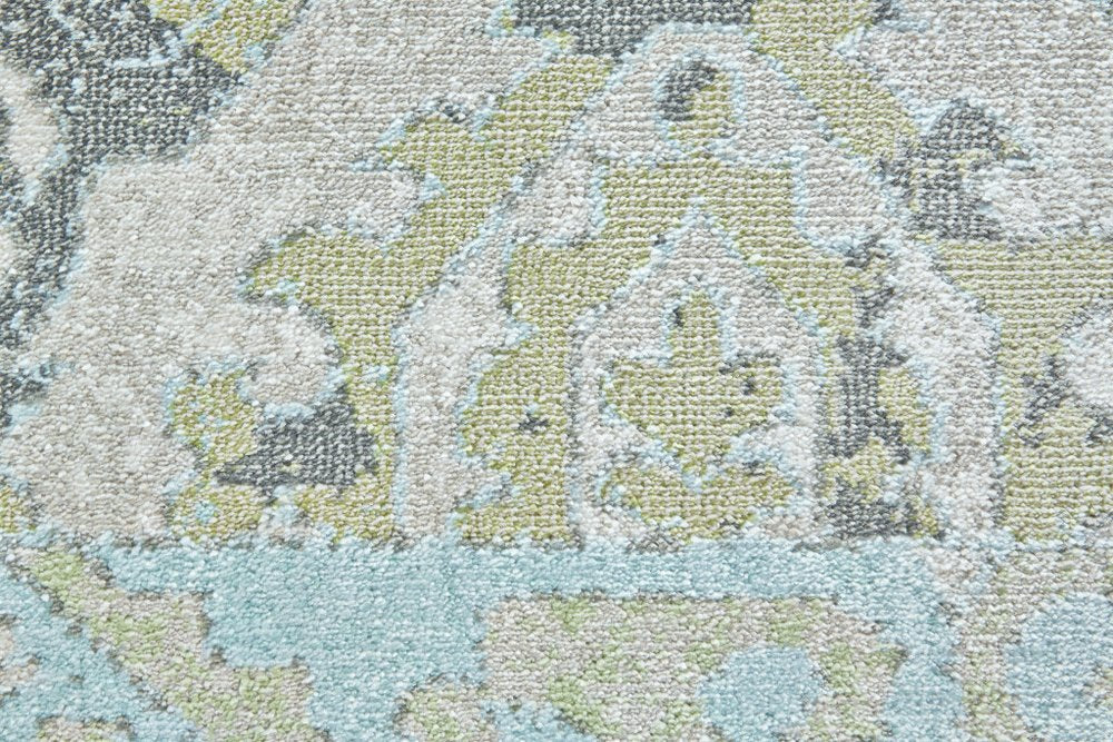 8' Blue Green and Gray Floral Power Loom Worn Faded Round Rug