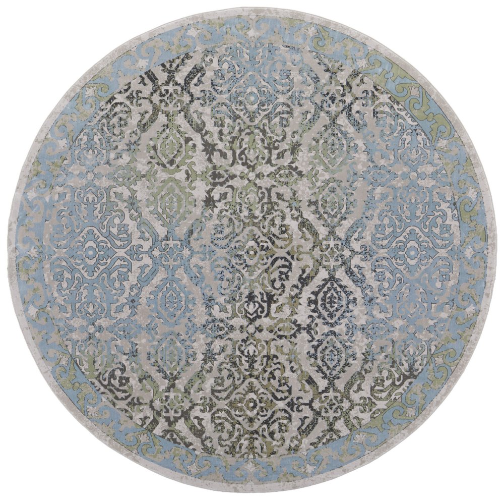 8' Blue Green and Gray Floral Power Loom Worn Faded Round Rug