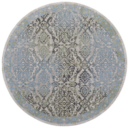 8' Blue Green and Gray Floral Power Loom Worn Faded Round Rug