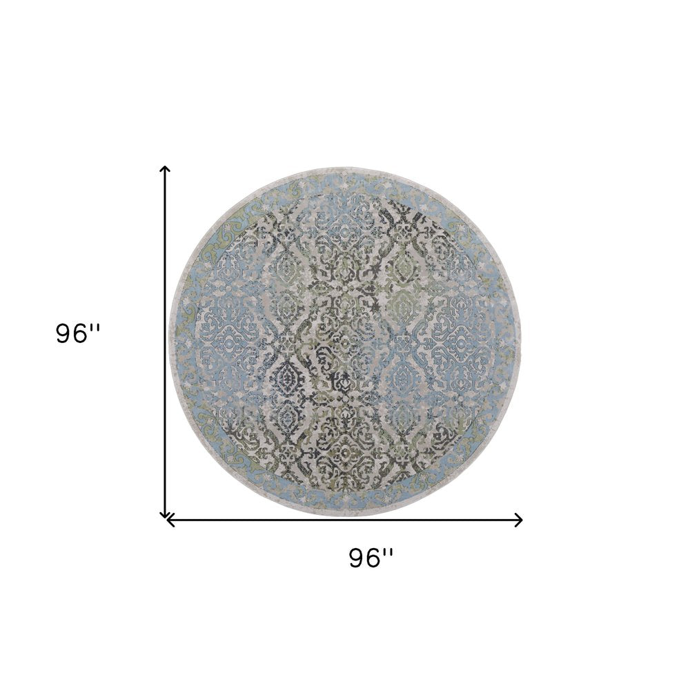 8' Blue Green and Gray Floral Power Loom Worn Faded Round Rug