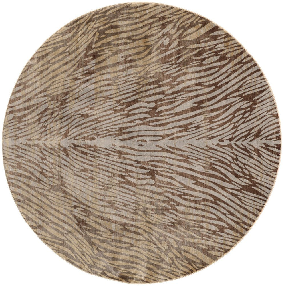 8' Brown and Tan Animal Print Power Loom Round Rug