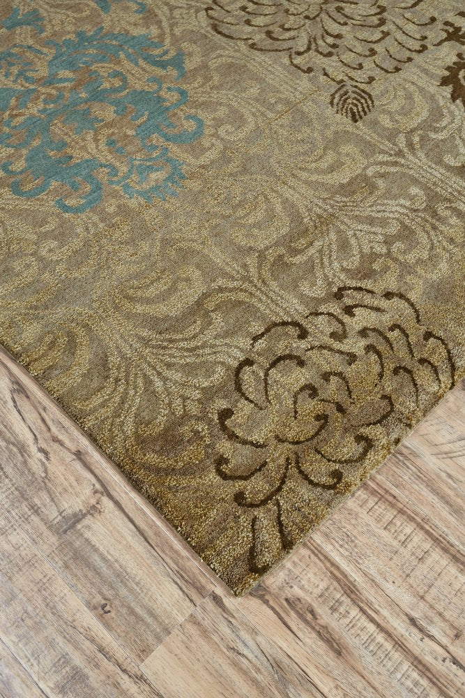 2' X 3' Blue Brown and Tan Floral Hand Knotted Area Rug