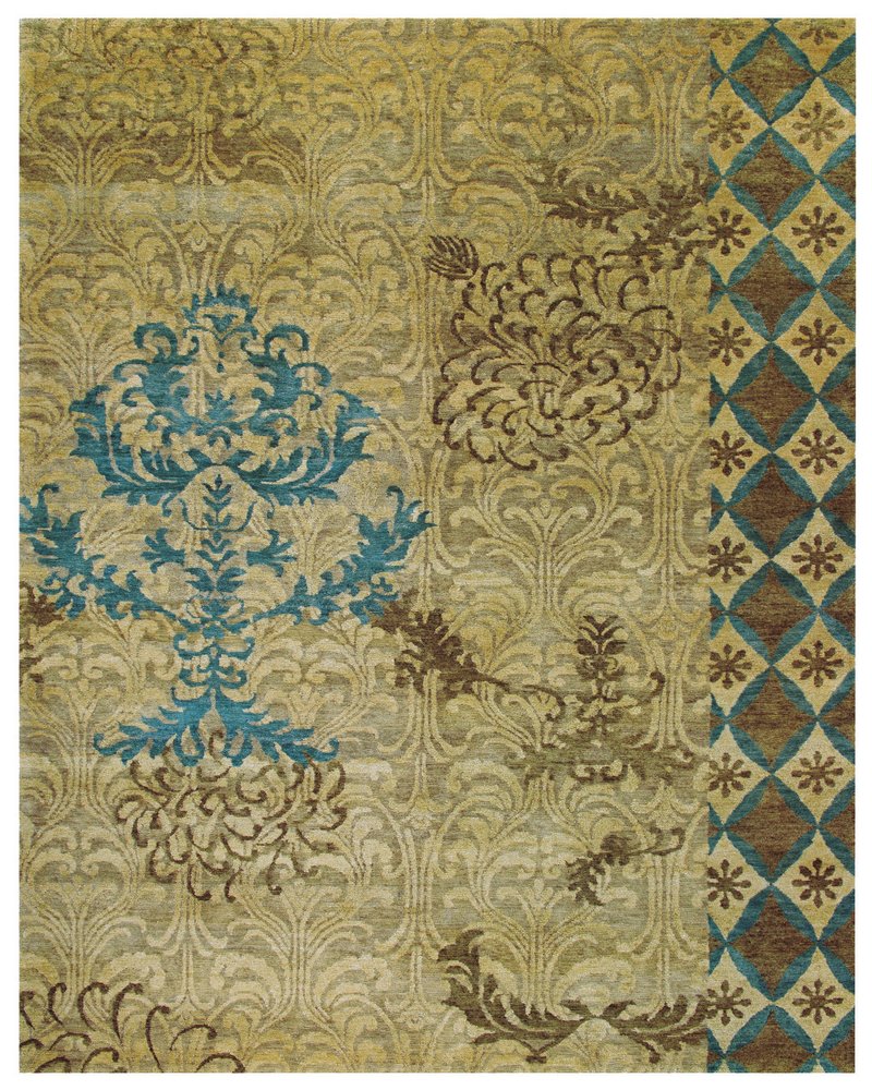 2' X 3' Blue Brown and Tan Floral Hand Knotted Area Rug