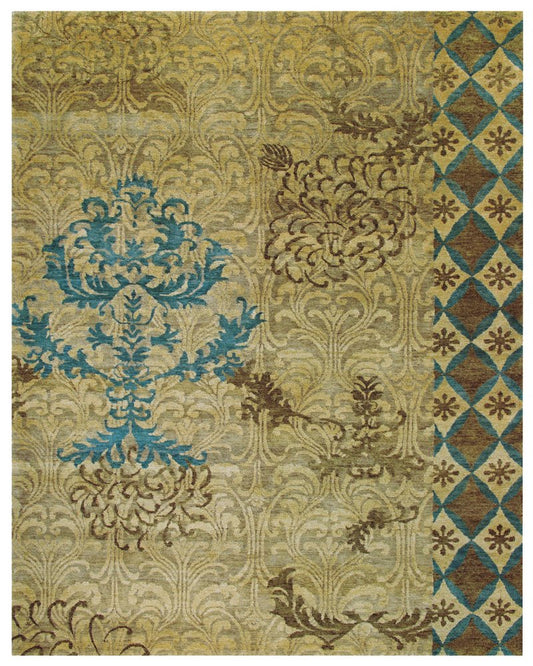 2' X 3' Blue Brown and Tan Floral Hand Knotted Area Rug