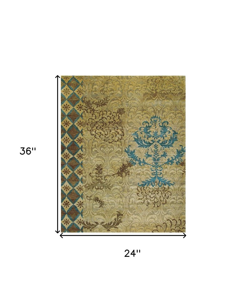 2' X 3' Blue Brown and Tan Floral Hand Knotted Area Rug