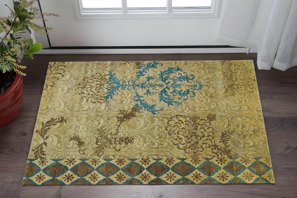 2' X 3' Blue Brown and Tan Floral Hand Knotted Area Rug