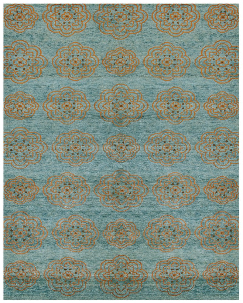 2' X 3' Green Blue And Taupe Floral Hand Knotted Distressed Area Rug