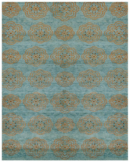 2' X 3' Green Blue And Taupe Floral Hand Knotted Distressed Area Rug