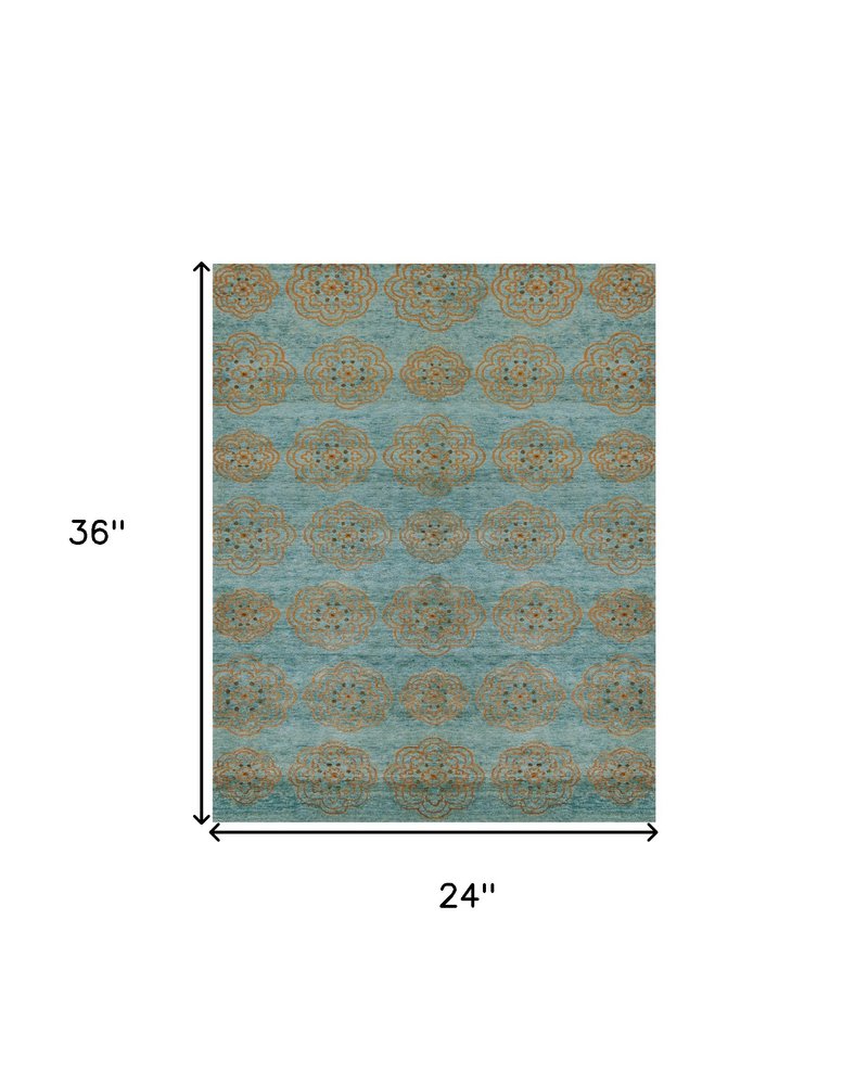 2' X 3' Green Blue And Taupe Floral Hand Knotted Distressed Area Rug