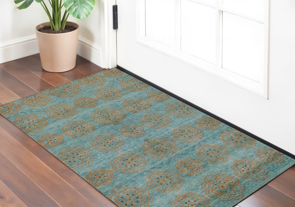 2' X 3' Green Blue And Taupe Floral Hand Knotted Distressed Area Rug