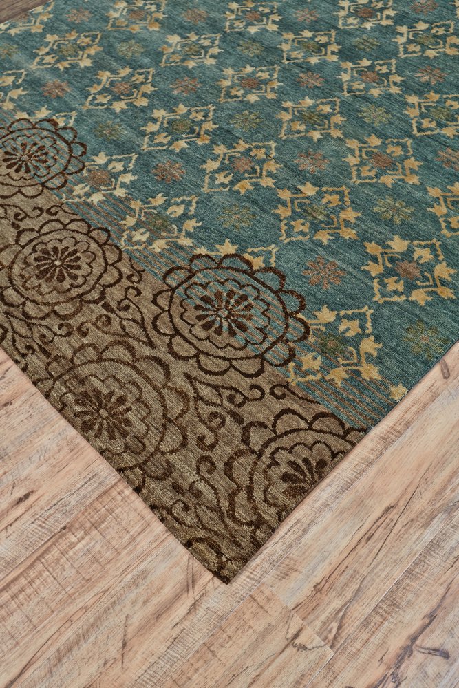 2' X 3' Blue Green and Brown Floral Hand Knotted Area Rug