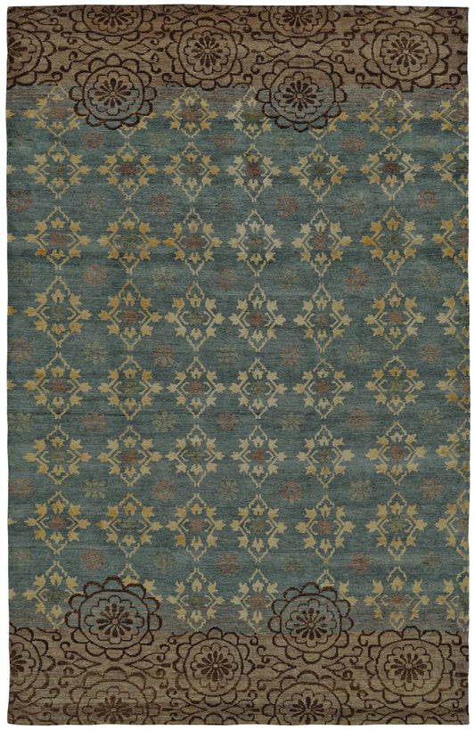2' X 3' Blue Green and Brown Floral Hand Knotted Area Rug