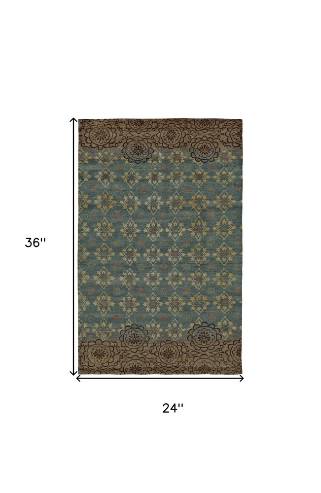 2' X 3' Blue Green and Brown Floral Hand Knotted Area Rug