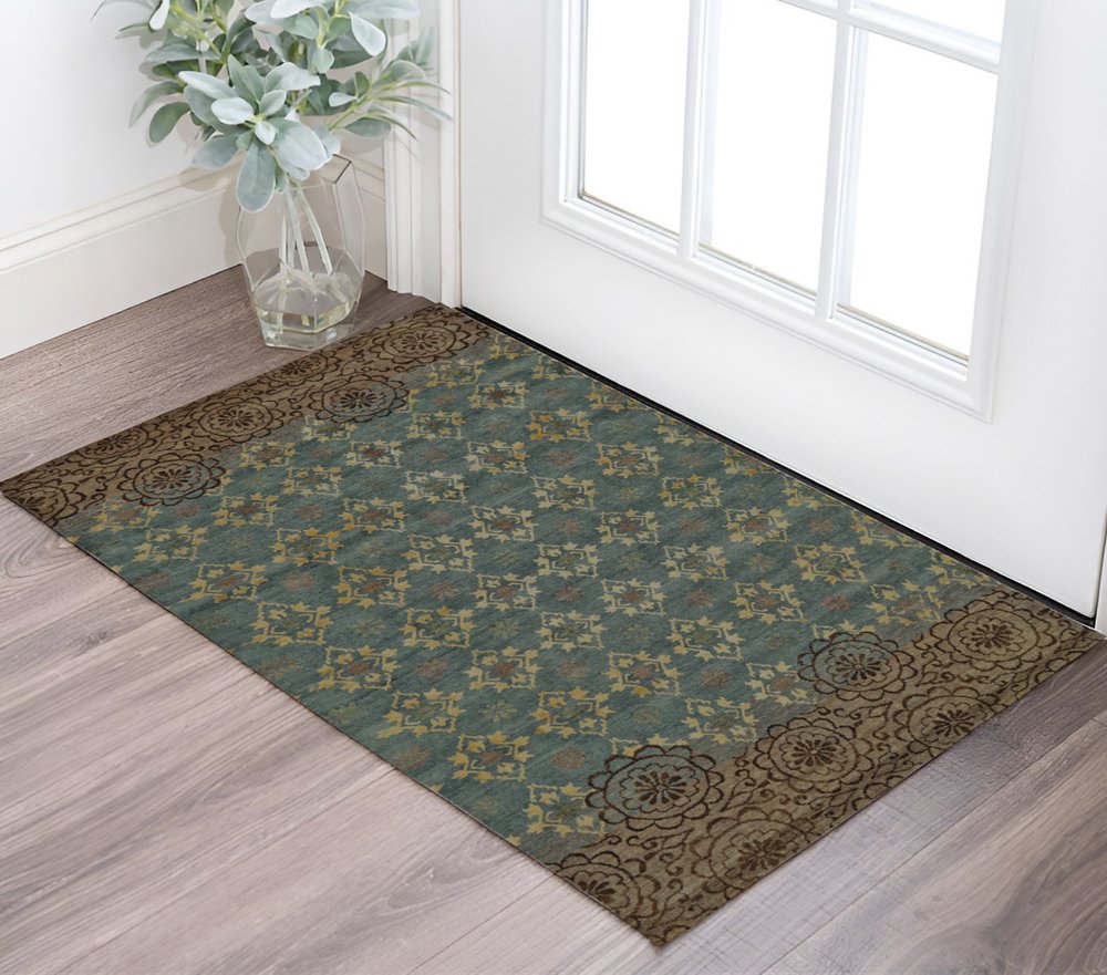 2' X 3' Blue Green and Brown Floral Hand Knotted Area Rug