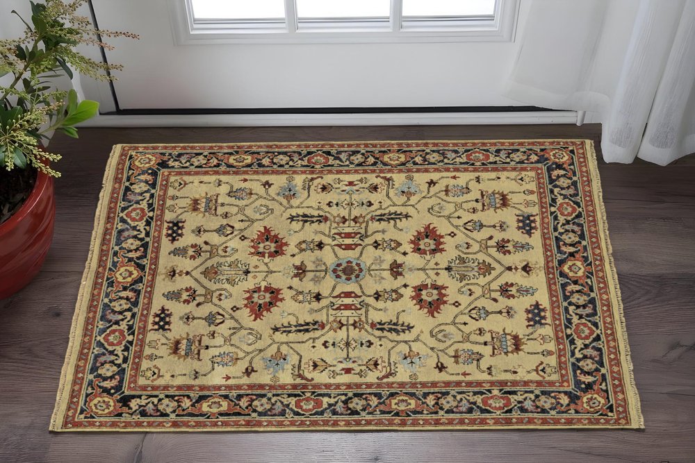 2' X 3' Tan Red and Gold Wool Oriental Hand Knotted Area Rug