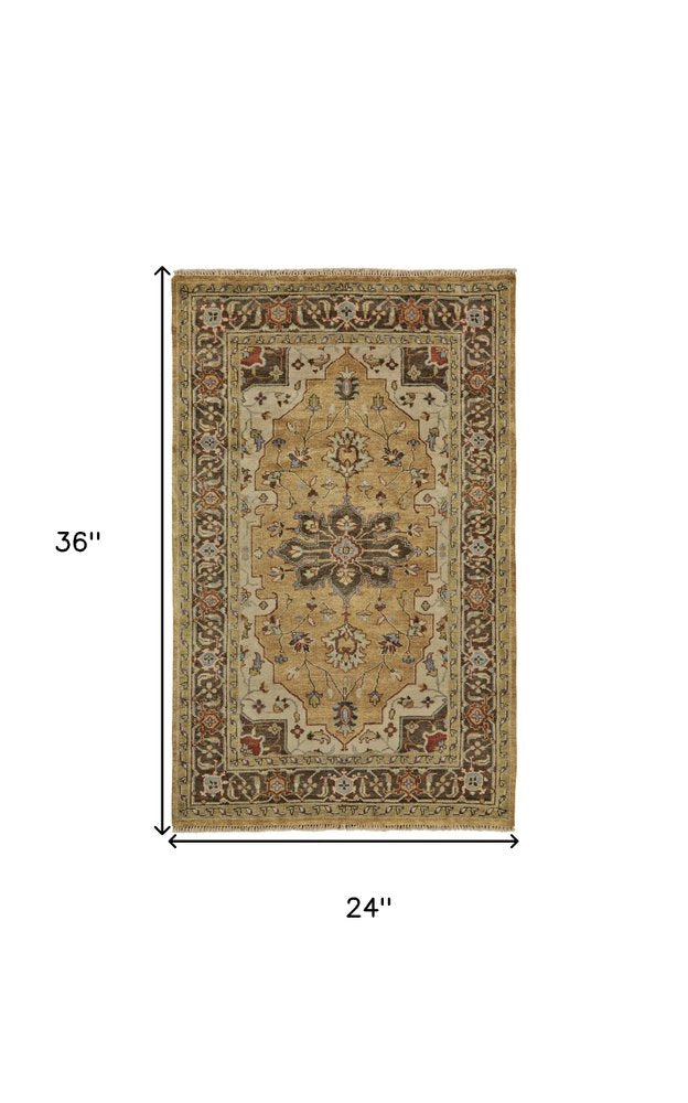 2' X 3' Tan Brown and Gold Wool Oriental Hand Knotted Area Rug