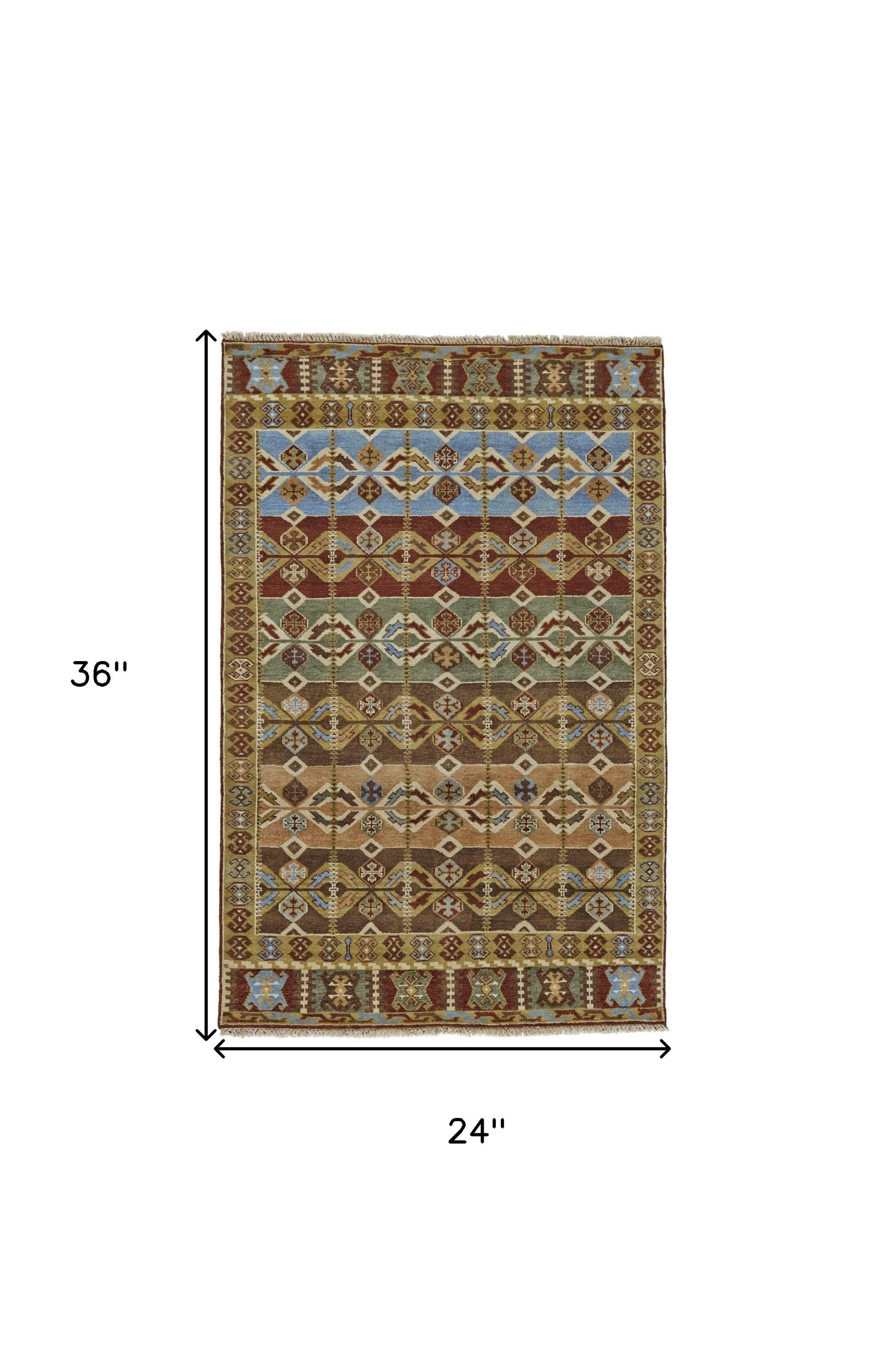 2' X 3' Red Blue and Brown Wool Southwestern Hand Knotted Area Rug