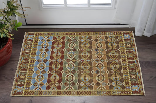 2' X 3' Red Blue and Brown Wool Southwestern Hand Knotted Area Rug