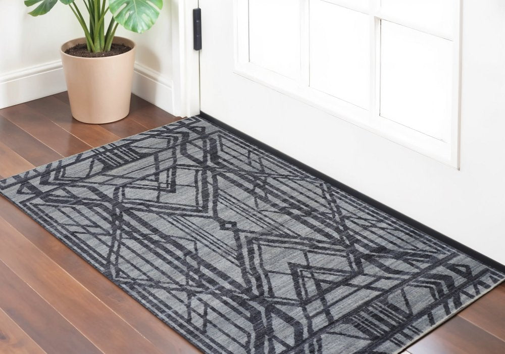 2' X 3' Gray and Blue Wool Geometric Hand Knotted Area Rug