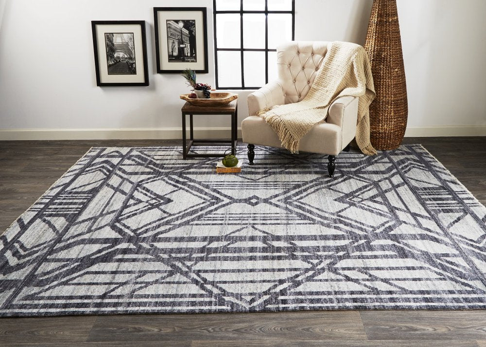 2' X 3' Gray and Blue Wool Geometric Hand Knotted Area Rug
