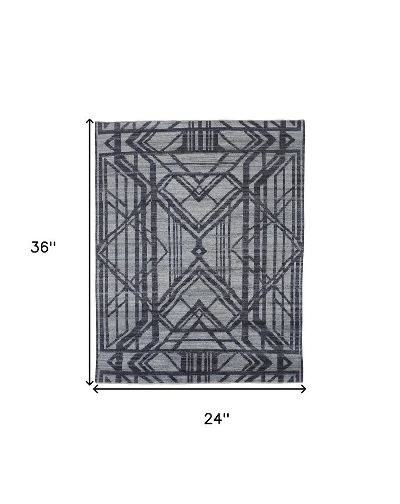 2' X 3' Gray and Blue Wool Geometric Hand Knotted Area Rug