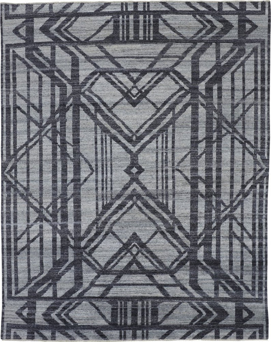 2' X 3' Gray and Blue Wool Geometric Hand Knotted Area Rug
