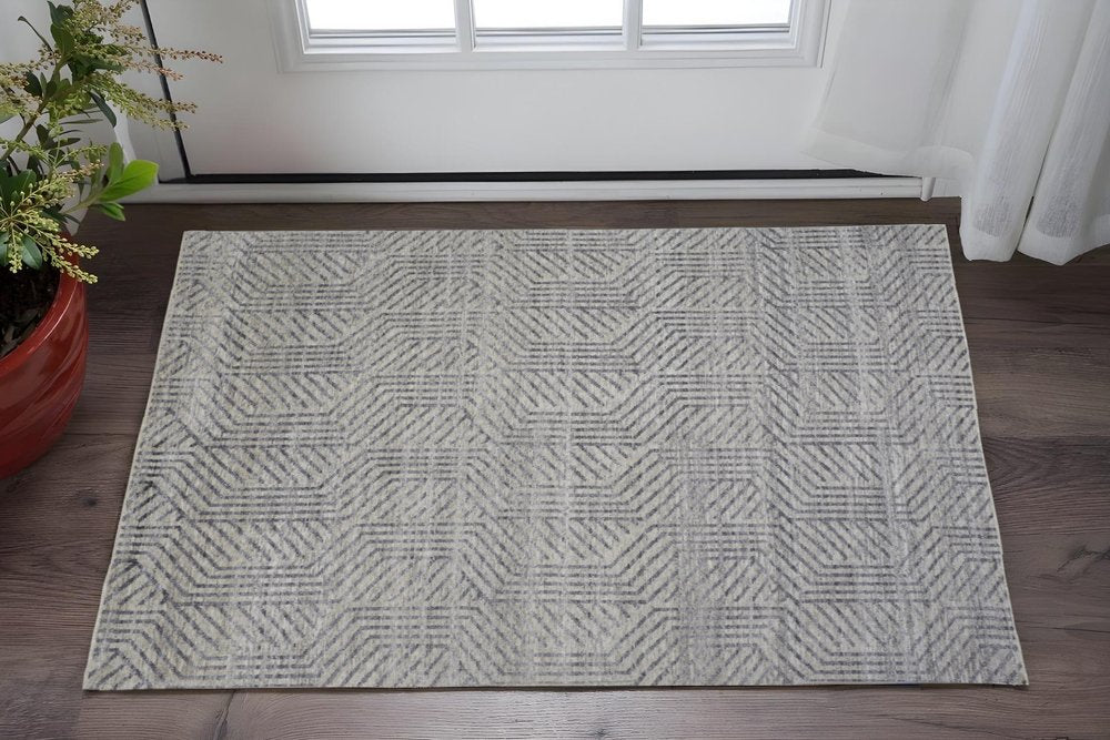 2' X 3' Tan and Gray Wool Geometric Hand Knotted Area Rug