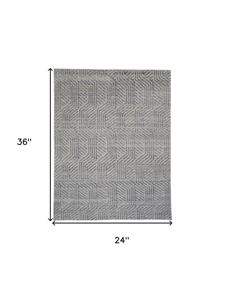 2' X 3' Tan and Gray Wool Geometric Hand Knotted Area Rug