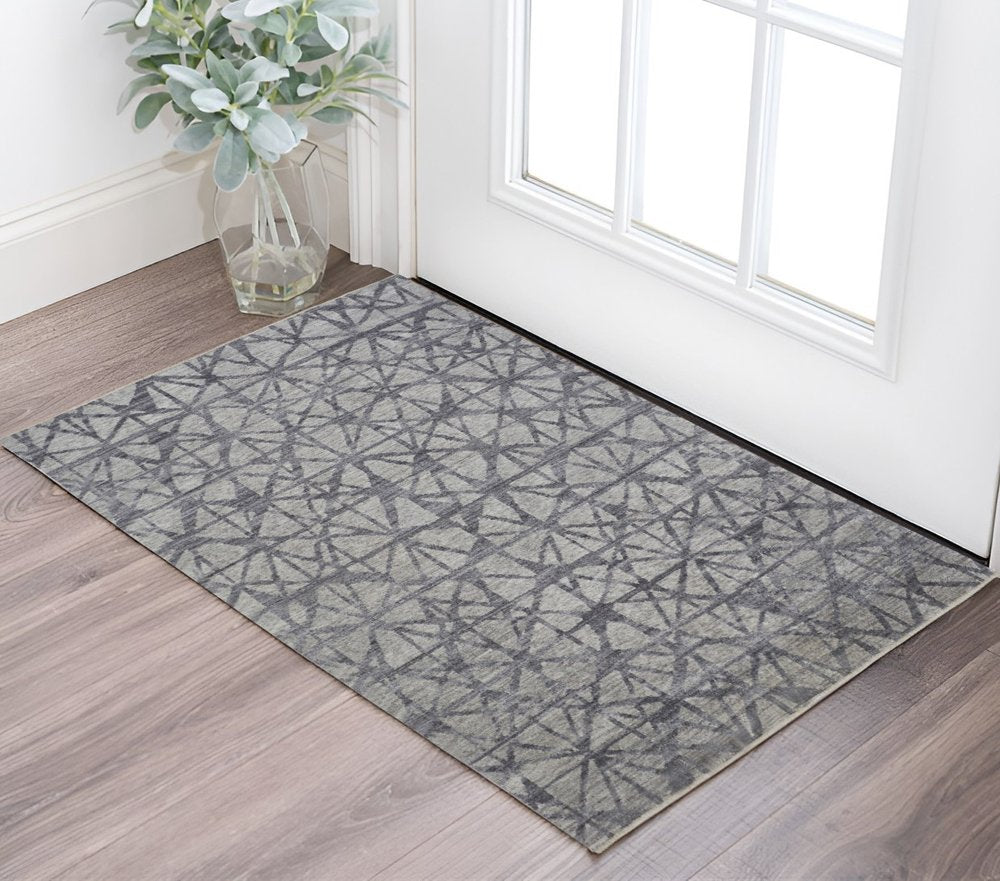2' X 3' Gray Wool Geometric Hand Knotted Area Rug