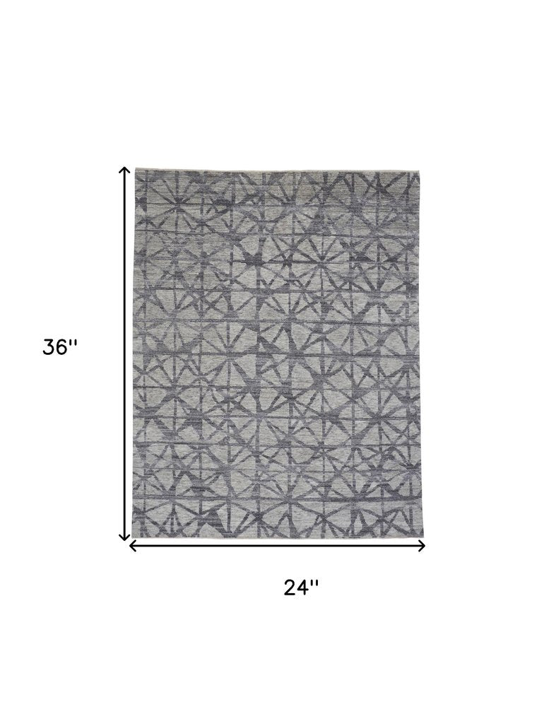 2' X 3' Gray Wool Geometric Hand Knotted Area Rug