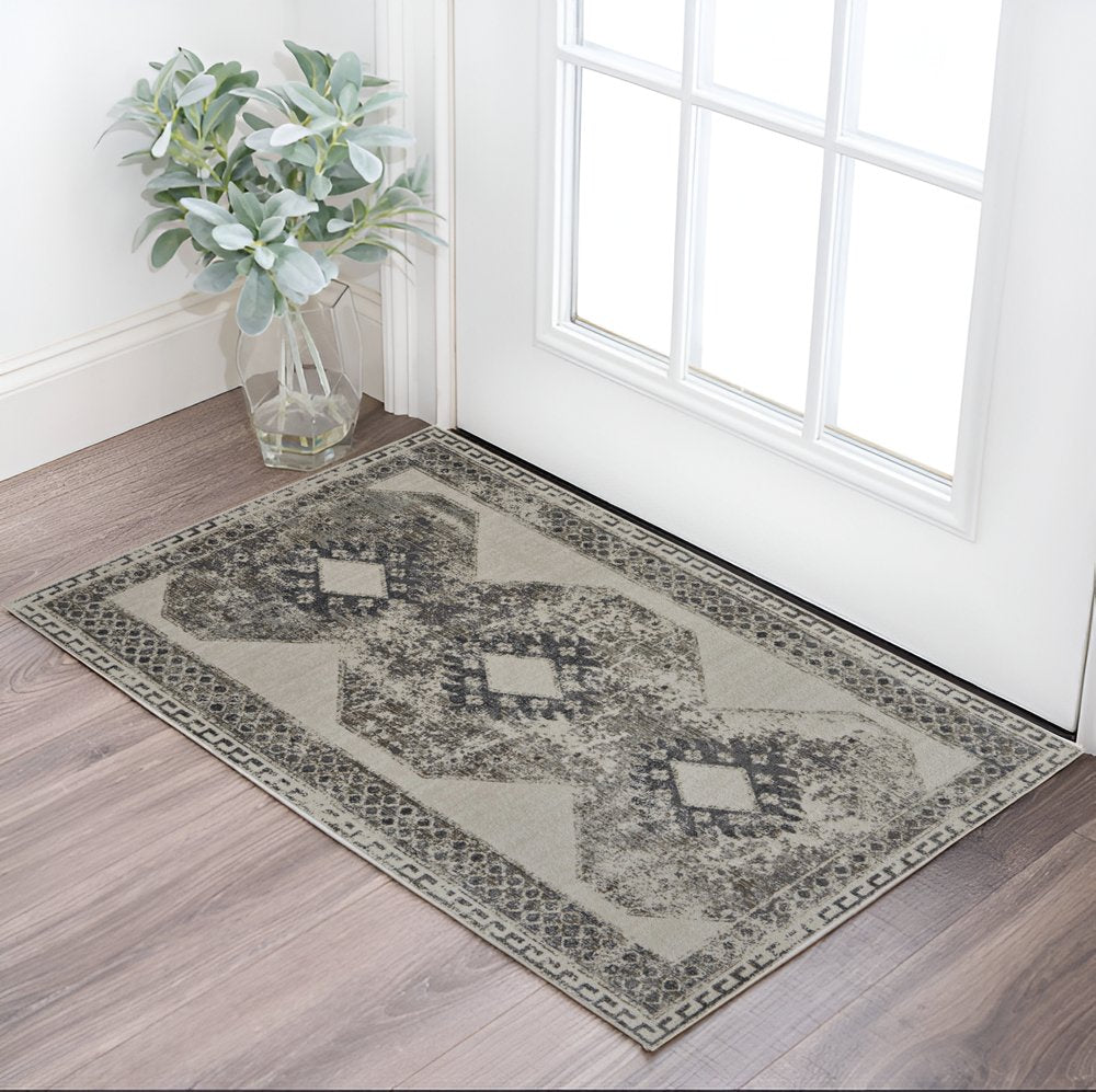 2' X 3' Gray And Ivory Abstract Distressed Area Rug