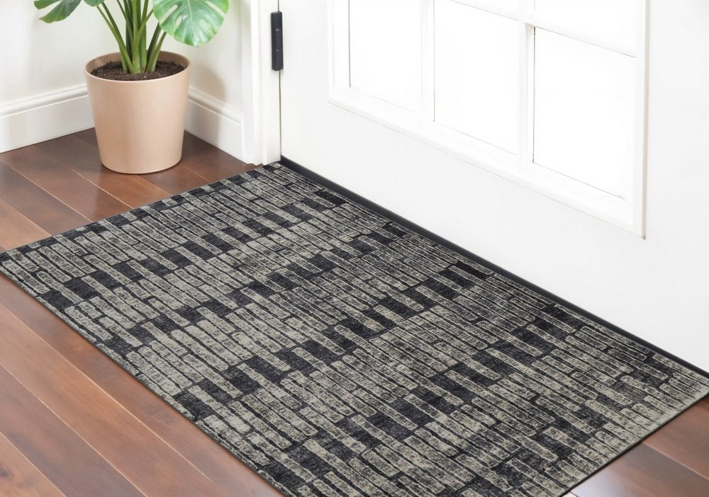 2' X 3' Gray And Black Geometric Distressed Area Rug