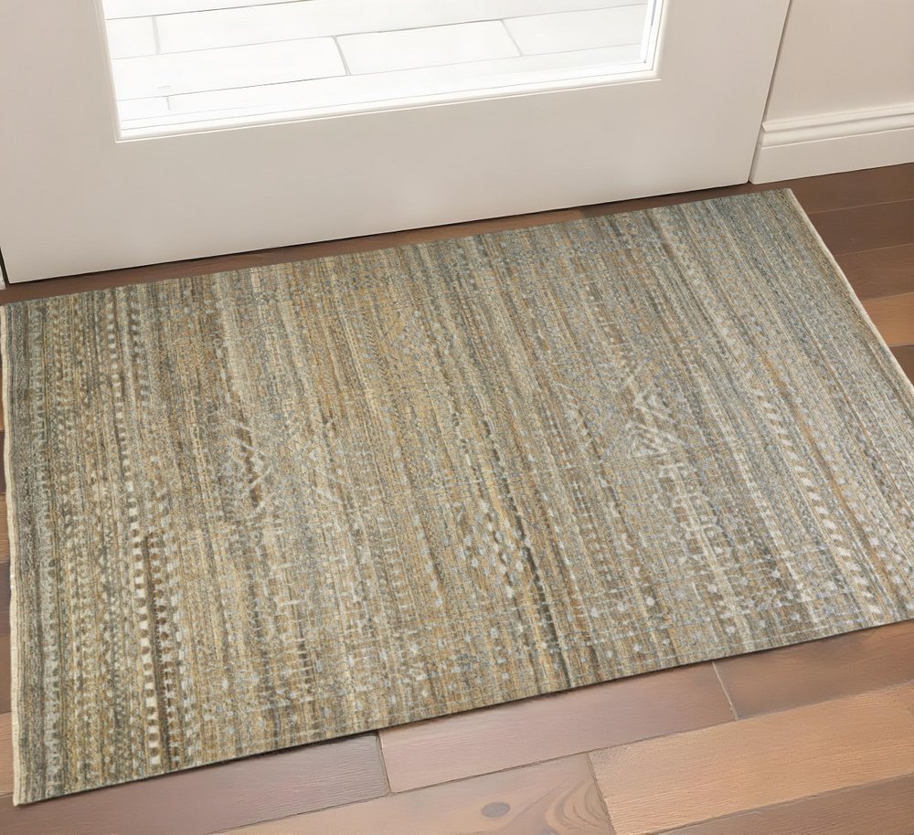 2' X 3' Gold And Tan Geometric Hand Knotted Distressed Area Rug