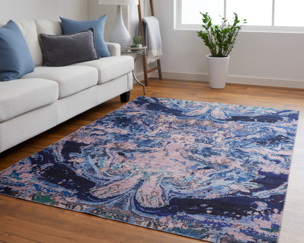 5' X 8' Blue Pink and Tan Abstract Power Loom Washable Area Rug