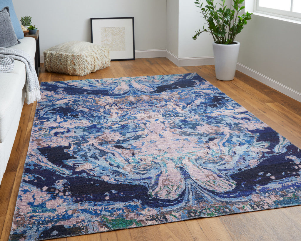 5' X 8' Blue Pink and Tan Abstract Power Loom Washable Area Rug