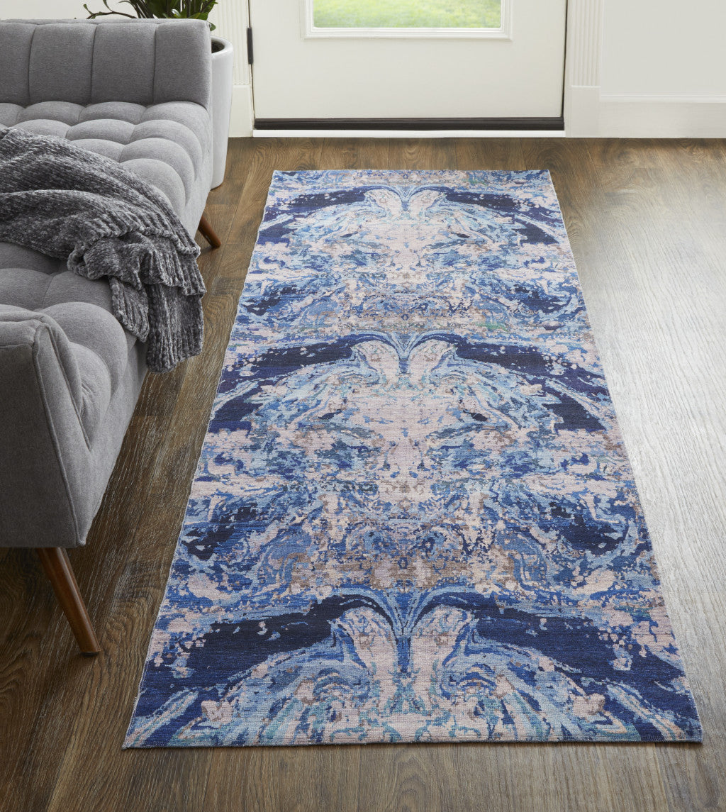 5' X 8' Blue Pink and Tan Abstract Power Loom Washable Area Rug