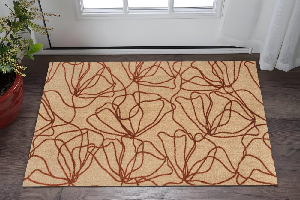 2' X 4' Beige And Bronze Floral Washable Area Rug With UV Protection