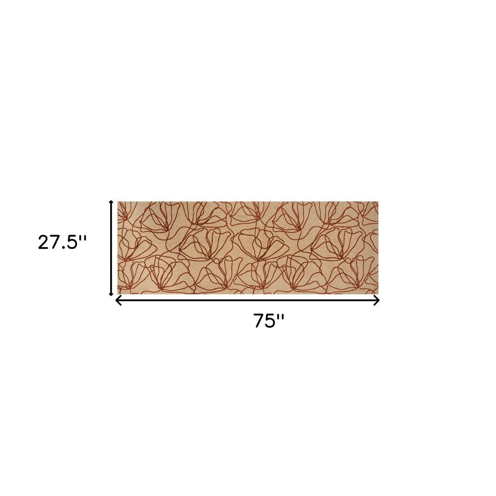 6' Beige And Bronze Floral Washable Runner Rug With UV Protection