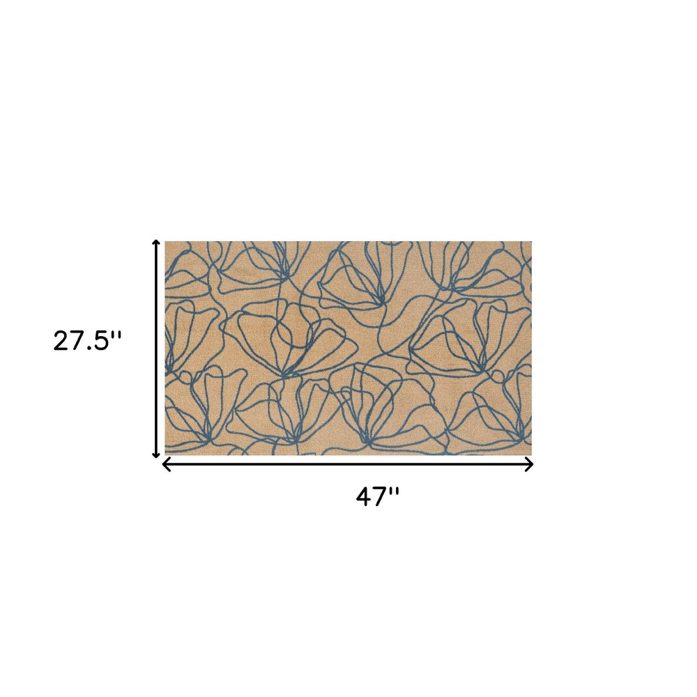 2' X 4' Beige And Blue Floral Washable Area Rug With UV Protection