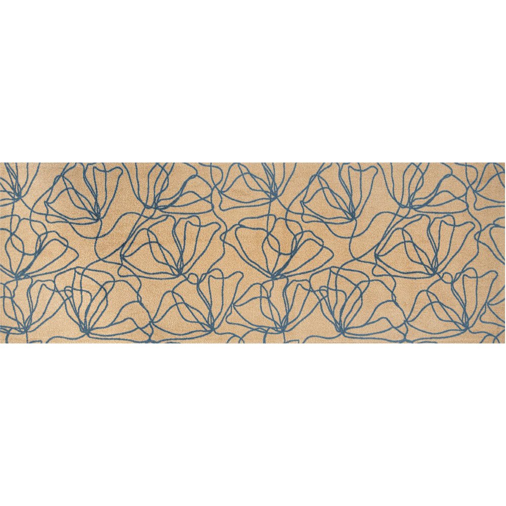 6' Beige And Blue Floral Washable Runner Rug With UV Protection
